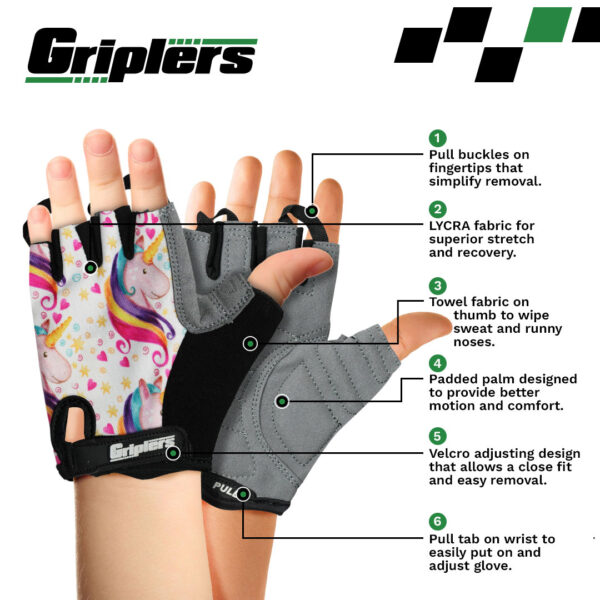 unicorn inspired girls cycling gloves with padded palm